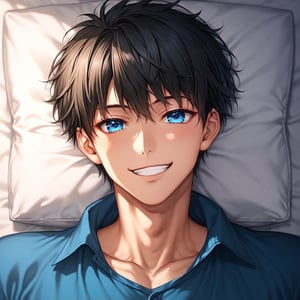 jirai kei,1boy,lying,black hair,beautiful detailed eyes,big eyes,charming eyes,looking at viewer, smile, short hair, bangs, blue eyes,  jewelry, upper body,short bangs,handsome face,pointed face,smile,namida bukuro,(true beautiful: 1.2), sense of depth, (true beautiful: 1.2),score_9, score_8_up, score_7_up, score_6_up,very aesthetic, ultra detailed face, anime,1boy,sold
