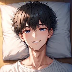 jirai kei,1boy,lying,black hair,beautiful detailed eyes,big eyes,pale skin,charming eyes,looking at viewer, smile, short hair, bangs, Deep eye shadow,  jewelry, upper body,cute face,pointed face,smile,namida bukuro,male focus,(true beautiful: 1.2), sense of depth, (true beautiful: 1.2),score_9, score_8_up, score_7_up, score_6_up,very aesthetic, ultra detailed face, anime,1boy,sold
