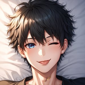 jirai kei,1boy,lying,black hair,Scattered hair,beautiful detailed eyes,big eyes,pale skin,charming eyes,looking at viewer, smile, short hair, bangs, Deep eye shadow,  jewelry, upper body,cute face,pointed face,smile,namida bukuro,male focus, one eye closed, tongue, tongue out,male focus,(true beautiful: 1.2), sense of depth, (true beautiful: 1.2),score_9, score_8_up, score_7_up, score_6_up,very aesthetic, ultra detailed face, anime,1boy,sold
