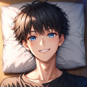 jirai kei,1boy,lying,black hair,beautiful detailed eyes,big eyes,charming eyes,looking at viewer, smile, short hair, bangs, blue eyes,  jewelry, upper body,cute face,pointed face,smile,namida bukuro,(true beautiful: 1.2), sense of depth, (true beautiful: 1.2),score_9, score_8_up, score_7_up, score_6_up,very aesthetic, ultra detailed face, anime,1boy,sold
