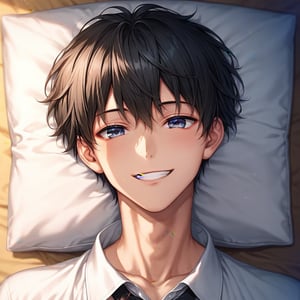 jirai kei,1boy,lying,black hair,beautiful detailed eyes,big eyes,charming eyes,looking at viewer, smile, short hair, bangs, Deep eye shadow,  jewelry, upper body,cute face,pointed face,smile,namida bukuro,male focus,(true beautiful: 1.2), sense of depth, (true beautiful: 1.2),score_9, score_8_up, score_7_up, score_6_up,very aesthetic, ultra detailed face, anime,1boy,sold
