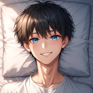 jirai kei,1boy,lying,black hair,beautiful detailed eyes,big eyes,charming eyes,looking at viewer, smile, short hair, bangs, blue eyes,  jewelry, upper body,cute face,pointed face,smile,namida bukuro,male focus,(true beautiful: 1.2), sense of depth, (true beautiful: 1.2),score_9, score_8_up, score_7_up, score_6_up,very aesthetic, ultra detailed face, anime,1boy,sold
