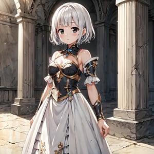 masterpiece, best quality, extremely detailed, (illustration, official art: 1.1), 1 girl, ((((white hair)))), (((white short hair))), white hair,, ((blush)), cute face, big Eyes, black eye,masterpiece, best quality, (((a very delicate and beautiful girl))))), amazing, beautiful detailed eyes, blunt bangs ((((little delicate girl))), ((tareme))), droopy eyes,confused,(true beautiful: 1.2), sense of depth,  (true beautiful: 1.2), (tiny 1girl model: 1.2),) ,score_9, score_8_up, score_7_up, score_6_up, , amazing quality, very aesthetic, ultra detailed face, anime, 1girl, solo,Armor,Standing,Ruins Background