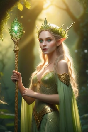 A majestic elf queen stands tall amidst a whimsical forest glade, her ethereal beauty illuminated by soft, golden light filtering through the leafy canopy above. Her delicate features and piercing green eyes shine like gemstones against a backdrop of lush foliage, as she holds a staff adorned with sparkling crystals.