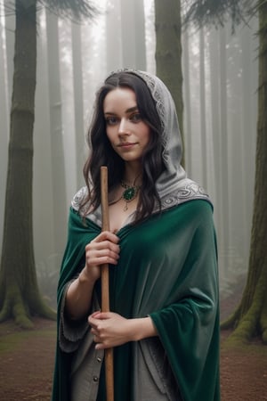 A lovely elf with a noble demeanor stands against a misty forest backdrop, soft morning light casting a warm glow on her delicate features and raven hair. She wears a flowing cloak of rich green velvet, clasped at the shoulder by a silver brooch adorned with tiny gemstones. Her slender fingers grasp a staff of polished wood, its intricate carvings reflecting the dappled forest floor.