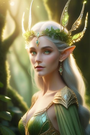 A majestic elf queen stands tall amidst a whimsical forest glade, her ethereal beauty illuminated by soft, golden light filtering through the leafy canopy above. Her delicate features and piercing green eyes shine like gemstones against a backdrop of lush foliage, as she holds a staff adorned with sparkling crystals.