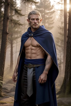 A majestic strong elf king stands tall, his piercing emerald eyes gleaming with ancient wisdom amidst a backdrop of misty forest twilight. The warm golden light of the setting sun casts long shadows across his chiseled features, emphasizing the sharp contours of his pointed ears and regal bearing. He wears a cloak of midnight blue, embroidered with intricate silver runes, as he surveys his mystical realm.