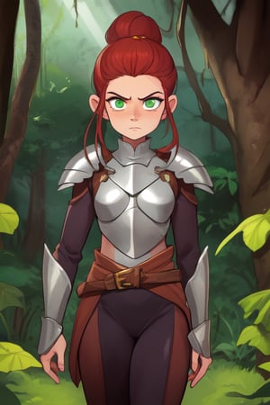 A powerful female warrior stands proudly amidst the ancient trees of a mystical forest, her auburn hair tied back by a leather wrap. She dons intricately crafted leather armor, adorned with small gemstones that glimmer in the soft, filtered light filtering through the canopy above. Her intense expression is set like stone, green eyes blazing with determination as she gazes out upon the dense underbrush.,Em1lyW,Ell13B,C@ssidy