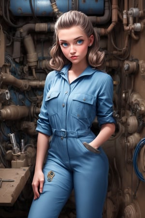 1950s (style) retrofuturistic female space engineer, baggy work romper, sparkling blue eyes, in an insanely detailed engine room, wrenches, screwdrivers,C@ssidy