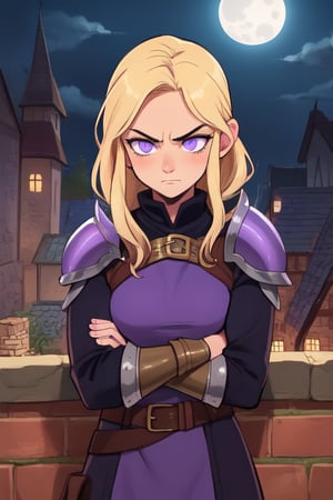 a sly female rogue, medieval fantasy, leather armor, blonde hair, violet eyes, medeival town, full moon, shadows. thoughtful expression,Em1lyW,Ell13B,C@ssidy