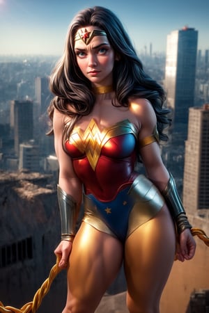 Wonder Woman stands confidently at the edge of a rooftop, her 1970s era iconic red, gold and blue short bodysuit glistening in the warm sunlight that casts a golden glow over the bustling metropolis below. The cityscape stretches out before her, a sprawling tapestry of skyscrapers and streets. Her powerful physique is showcased as she stands at ease, one hand resting on the golden lasso at her side while her eyes scan the horizon, ready to spring into action should justice require it.,C@ssidy