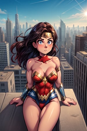 Wonder Woman stands confidently at the edge of a rooftop, her 1970s era iconic suit glistening in the warm sunlight that casts a golden glow over the bustling metropolis below. The cityscape stretches out before her, a sprawling tapestry of skyscrapers and streets. Her powerful physique is showcased as she stands at ease, one hand resting on the golden lasso at her side while her eyes scan the horizon, ready to spring into action should justice require it.