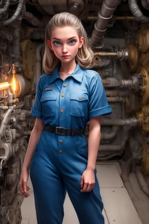 1950s (style) retrofuturistic female space engineer, baggy work romper, sparkling blue eyes, in an insanely detailed engine room, wrenches, screwdrivers,C@ssidy