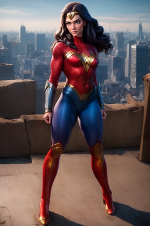 Wonder Woman stands confidently at the edge of a rooftop, her iconic red, gold and blue short bodysuit glistening in the warm sunlight that casts a golden glow over the bustling metropolis below. The cityscape stretches out before her, a sprawling tapestry of skyscrapers and streets. Her powerful physique is showcased as she stands at ease, one hand resting on the golden lasso at her side while her eyes scan the horizon, ready to spring into action should justice require it.