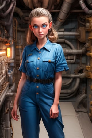 1950s (style) retrofuturistic female space engineer, baggy work romper, sparkling blue eyes, in an insanely detailed engine room, wrenches, screwdrivers,C@ssidy