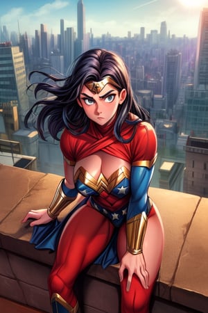 Wonder Woman stands confidently at the edge of a rooftop, her 1970s era iconic suit glistening in the warm sunlight that casts a golden glow over the bustling metropolis below. The cityscape stretches out before her, a sprawling tapestry of skyscrapers and streets. Her powerful physique is showcased as she stands at ease, one hand resting on the golden lasso at her side while her eyes scan the horizon, ready to spring into action should justice require it.,C@ssidy