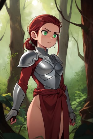 A powerful female warrior stands proudly amidst the ancient trees of a mystical forest, her auburn hair tied back by a leather wrap. She dons intricately crafted leather armor, adorned with small gemstones that glimmer in the soft, filtered light filtering through the canopy above. Her intense expression is set like stone, green eyes blazing with determination as she gazes out upon the dense underbrush.,Em1lyW,Ell13B,C@ssidy