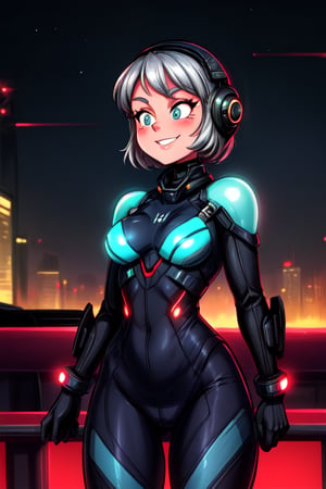 A sleek, silver spacesuit-clad siren poses against a vibrant, neon-lit cityscape at dusk. The retro-futuristic atmosphere is palpable as she gazes confidently into the distance, her curves accentuated by the futuristic design of her helmet and gloves. A sly smile plays on her lips, hinting at the thrill of exploring the cosmos. Sally H's adventurous spirit shines bright in this 1950s-inspired sci-fi scene.,S@llyH