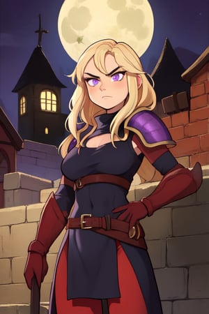 a sly female rogue, medieval fantasy, leather armor, blonde hair, violet eyes, medeival town, full moon, shadows. sly expression,Em1lyW,Ell13B,C@ssidy