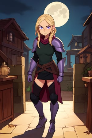 a sly female rogue, medieval fantasy, leather armor, blonde hair, violet eyes, medeival town, full moon, shadows. studious expression,Em1lyW,Ell13B,C@ssidy