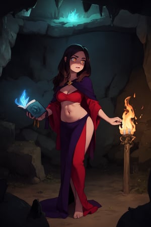 A sultry sorceress stands poised within the depths of a foreboding cavern. The flickering torches cast an eerie glow upon her revealing robes, accentuating the curves of her physique. Her intense expression is focused on the ancient tome before her, eyes blazing with magical energy. A mystical aura surrounds her, as if the very air itself is charged with spellcraft.,REALISTIC,Em1lyW,Ell13B,C@ssidy