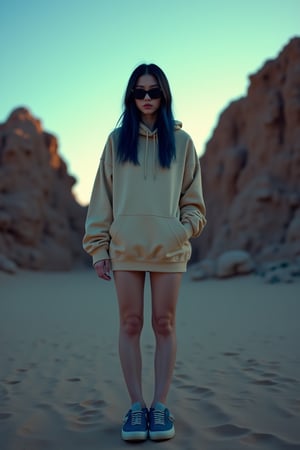 A young East Asian woman with a long, layered haircut and beige hoodie stands in a three-quarter view on sandy terrain, surrounded by rocky formations under a clear sky, now illuminated by a warm, low-key neon glow at night, as she gazes directly at the camera with an air of mystery, her left hand on her hip, wearing black sunglasses, blue sneakers with textured soles, and a hint of blue highlights in her hair, evoking the moody, cinematic style of Wong Kar-wai, with a shallow depth of field, subtle film grain, and muted color grading, shot with a mix of cool and warm tones, and a slight vignette, as if captured on 35mm film.