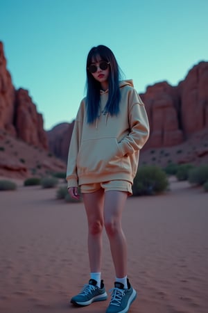 A young East Asian woman with a long, layered haircut and beige hoodie stands in a three-quarter view on sandy terrain, surrounded by rocky formations under a clear sky, now illuminated by a warm, low-key neon glow at night, as she gazes directly at the camera with an air of mystery, her left hand on her hip, wearing black sunglasses, blue sneakers with textured soles, and a hint of blue highlights in her hair, evoking the moody, cinematic style of Wong Kar-wai, with a shallow depth of field, subtle film grain, and muted color grading, shot with a mix of cool and warm tones, and a slight vignette, as if captured on 35mm film.