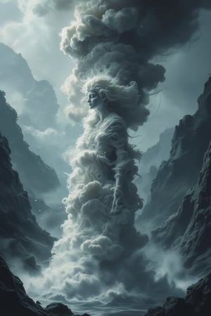 The image features a smoke-like representation of a beautiful goddess, which appears to be a white and gray goddess. The smoke is billowing upwards, creating a visually striking and artistic effect. The smoke is so dense and well-formed that it resembles the shape of a beautiful goddess, making it an interesting and unique sight. This artistic representation of a goddess using smoke adds a creative and captivating element to the scene.
