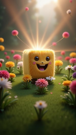 TenTen cube mascot radiates joy amidst a vibrant bouquet of colorful flowers in a lush meadow. From a low-angle perspective, the camera captures the mascot's beaming smile as they sit among the blooms, surrounded by soft focus petals and gentle greenery.,Anime 3D CGI-ABM