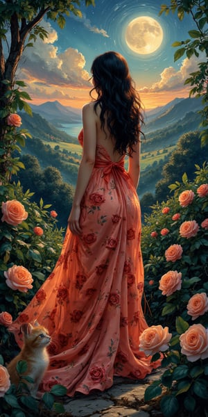 A dreamlike surrealist masterpiece inspired by Van Gogh's bold brushstrokes and vibrant colors. The fashionably dressed muse stands statuesque amidst lush greenery, her dark tresses blending seamlessly with the foliage as she gazes out at the mystical twilight sky. A crimson and peach rose-patterned dress shimmers in the soft moonlight, while a playful kitten frolics among the verdant rose bushes, adding a whimsical touch to the enchanting scene.