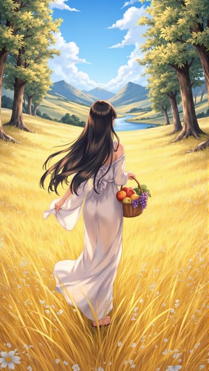 "A beautiful Japanese woman walks gracefully through a golden meadow, her long, flowing black hair catching the light breeze. She wears a soft, flowing dress that moves gently with her steps, and in her arms, she carries a basket brimming with fresh fruit—apples, peaches, and grapes. The warm sunlight bathes the entire meadow in golden hues, making the tall grass around her shimmer. In the distance, tall, majestic trees border the meadow, their leaves glowing in the soft light. Beyond the trees, a beautiful valley stretches out, framed by gently rolling hills and scattered wildflowers, with a river winding through it. The scene is peaceful and serene, beneath a clear blue sky dotted with soft clouds."