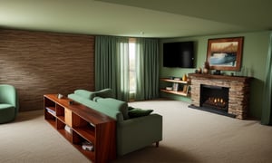 warm and bright atmosphere, ((wood ceiling)), ((window on the left)) with dark green curtains, picture above the fireplace, tv on the left of the fireplace, bookshelves under the TV with neon lights, grey vintage sofa with simple coffee table, ((round dark green furry carpet)), wooden floor, ((light green walls))