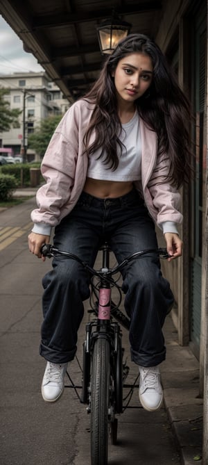 Lovely cute young attractive indian  girl, 35 years old, cute long black_hair,  black  hair,  They are wearing a  pink , patterned Jen's jacket and black jeans, varsity jacket , white shoes. Riding bike 