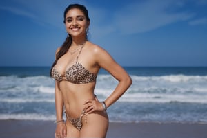 Captured at eye-level on a sunny day, a woman wiht hourglass body shape, full body shot, dressed in a leopard print bikini, is stunning in front of the ocean. Her hair is pulled back in a ponytail, and she's smiling. She's wearing a silver necklace, earrings, and a bracelet on her left wrist. The woman's right arm is draped over her right shoulder, and her left hand is resting on her hip. The backdrop is a serene beach, with waves rolling in the water. The sky is a deep blue, with a few wispy clouds, adding a touch of white to the scene.,KiaraAdvani,photorealistic,aayushi,model,keerthy,keerthy suresh,detailerlora, realistic, hyperrealistic,