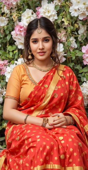 a beautiful Indian woman, dressed in a traditional red and gold saree, adorned with a gold headband. Her hair is styled in a sleek bob, adding a touch of beauty to her outfit. She is seated in front of a backdrop of white and pink flowers, her hair cascades down to her shoulders. The saree is adorned in a vibrant red and yellow pattern, with a matching gold embroidery in the center of her chest. Her bangs are adorned with silver rings, adding contrast to her attire. The backdrop is a mix of green foliage and white flowers, creating a vibrant contrast to the woman's outfit. 