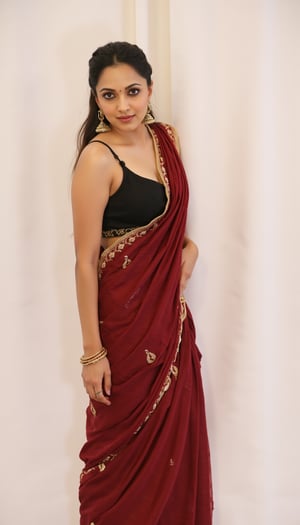 a medium-sized sexy indian woman stands in sidewise in front of a white curtain. She is dressed in a black sleeveless blouse with a maroon sari adorned with gold embroidery. Her hair is pulled back in a ponytail, and she is adorned with a pair of dangling earrings. Her bangles are gold, adding a touch of contrast to her dress. The backdrop is a stark white, creating a stark contrast to the woman's outfit.,photorealistic, Warm Lighting, Looking towards the viewer in a  sensual way, kadvani