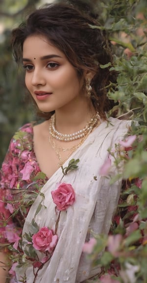 Captured at eye-level, a close-up shot of a sexy Indian woman in a white Saree adorned with pink flowers and green leaves. She is adorned with a pearl necklace, earrings, and a ring on her nose. Her hair is styled in a wavy bob, and her eyes are adorned with black dots. The background is blurred, suggesting a natural setting. The woman's hair is pulled back, adding a touch of greenery to the scene. 