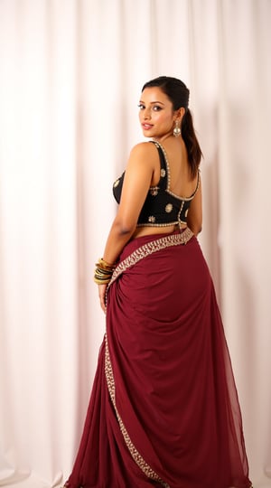 a sexy indian woman stands in sidewise in front of a white curtain. She is dressed in a black sleeveless blouse with a maroon sari adorned with gold embroidery. Her hair is pulled back in a ponytail, and she is adorned with a pair of dangling earrings. Her bangles are gold, adding a touch of contrast to her dress. The backdrop is a stark white, creating a stark contrast to the woman's outfit.,photorealistic, Warm Lighting, Looking towards the viewer in a  sensual way,Tr1pt1