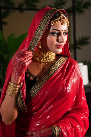 detailed soaking wet indian woman in her 20s wearing wet slimy indian bridal saree, bridal vail, and jewelery , detailed wet slimy red bridal saree, detailed gold jewelery , full body image . The soft light illuminates the left side of the frame, casting a flattering glow on her serene expression.,Fetishwet,Wet,covered in oil,covered in mud,wam,wet clothes,pouring oil,wetlook,pouring oil, the girl is completely doused with transparent slimes, 