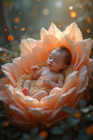 A highly detailed and realistic digital painting of a newborn baby gently resting in a cradle made of soft, glowing flower petals. The baby has delicate, fair skin with rosy cheeks, tiny hands curled into fists, and peaceful, closed eyes. The petals of the flower cradle gently wrap around the baby, creating a safe and nurturing environment. Soft, ethereal light emanates from the petals, casting a warm glow on the baby’s serene face. The background is a dreamy mix of soft, blurred colors, evoking a magical, otherworldly garden. The scene captures the purity and innocence of the newborn, with textures of the petals and the baby’s skin rendered in exquisite detail, making the entire scene feel both peaceful and enchanted.