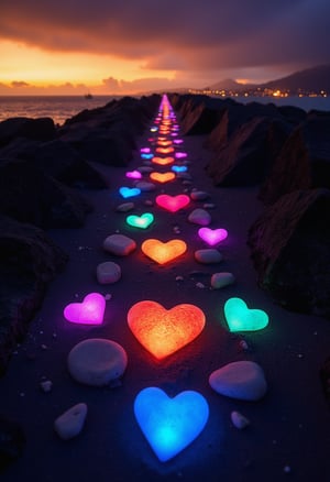 A magical path of glowing hearts on the ground, formed by colorful stones and bright lights. The stones in various hues softly glow amidst a deep twilight, creating a trail of illuminated hearts that stretch to the horizon. The surrounding scene is a coastal landscape, with distant city lights reflecting on the sea. The scene is framed by an orange evening sky, with dark clouds in the background, and an atmosphere of tranquility and romance. The vibrant colors of the stones and the soft glow of the lights make the path appear to float above the ground.