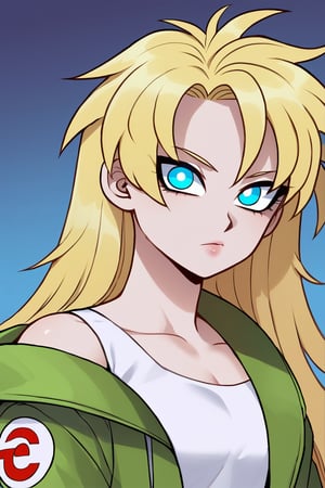 1woman, female_solo, (((long hairstyle, spiky hairs))) , (((hairs downwards, flowy hairs, loose hairs, yamcha hairstyle))), blonde hair, side swept bangs,  ratatatat74 artstyle, solo focus, (no pupil, azure eyes)), sexy lips,  pale skin, ((ultra detailed pupils)), ((solo focus)), ((dragon ball style, super saiyan, white crop top, green jacket)),dbsb