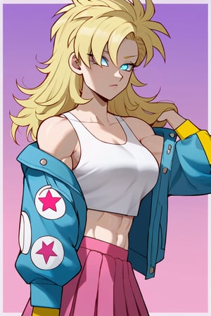 1woman, female_solo, medium muscles, six pack, (((long hairstyle, spiky hairs))) , (((hairs downwards, flowy hairs, loose hairs, yamcha hairstyle))), blonde hair, side swept bangs,  (((bangs))), ratatatat74 artstyle, solo focus, (no pupil, azure eyes)), sexy lips,  pale skin, ((ultra detailed pupils)), ((solo focus)), ((dragon ball style, super saiyan,  denim jacket, white crop top, pink skirt,  pleated skirt,  half body)),dbsb