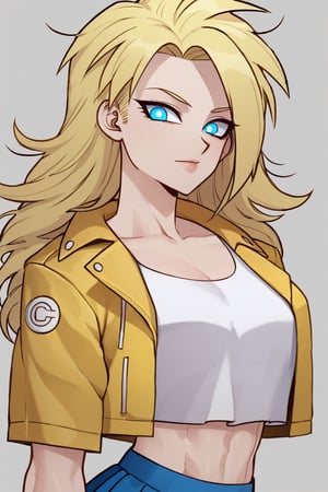 1woman, female_solo, medium muscles, six pack, (((long hairstyle, spiky hairs))) , (((hairs downwards, flowy hairs, loose hairs, yamcha hairstyle))), blonde hair, side swept bangs,  (((bangs))), ratatatat74 artstyle, solo focus, (no pupil, azure eyes)), sexy lips,  pale skin, ((ultra detailed pupils)), ((solo focus)), ((dragon ball style, super saiyan, yellow ki, denim jacket, white crop top, pink pleated skirt,  half body)),dbsb