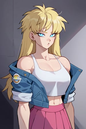 1woman, female_solo, medium muscles, six pack, (((long hairstyle, spiky hairs))) , (((hairs downwards, flowy hairs, loose hairs, yamcha hairstyle))), blonde hair, side swept bangs,  (((bangs))), ratatatat74 artstyle, solo focus, (no pupil, azure eyes)), sexy lips,  pale skin, ((ultra detailed pupils)), ((solo focus)), ((dragon ball style, super saiyan,  denim jacket, white crop top, pink skirt,  pleated skirt,  half body)),dbsb,white aura