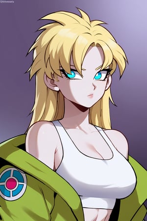 1woman, female_solo, (((long hairstyle, spiky hairs))) , (((hairs downwards, flowy hairs, loose hairs, yamcha hairstyle))), blonde hair, side swept bangs,  ratatatat74 artstyle, solo focus, (no pupil, azure eyes)), sexy lips,  pale skin, ((ultra detailed pupils)), ((solo focus)), ((dragon ball style, super saiyan, white crop top, green jacket)),dbsb