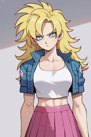 1woman, female_solo, medium muscles, six pack, (((long hairstyle, spiky hairs))) , (((hairs downwards, flowy hairs, loose hairs, yamcha hairstyle))), blonde hair, side swept bangs,  (((bangs))), ratatatat74 artstyle, solo focus, (no pupil, azure eyes)), sexy lips,  pale skin, ((ultra detailed pupils)), ((solo focus)), ((dragon ball style, super saiyan,  denim jacket, white crop top, pink skirt,  pleated skirt,  half body)),dbsb