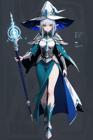 score_9, score_8_up, score_7_up, (CharacterSheet:1), elf female, dark blue mage robes with light armor, silver hair, green eyes, dynamic pose, full body, wielding a staff with water magic, wearing a witch/mage hat, reference sheet, (UHD), (digital art), (highly detailed), (simple solid background), CharacterDesignXL, cartoon, Eyes, Beautiful eyes

