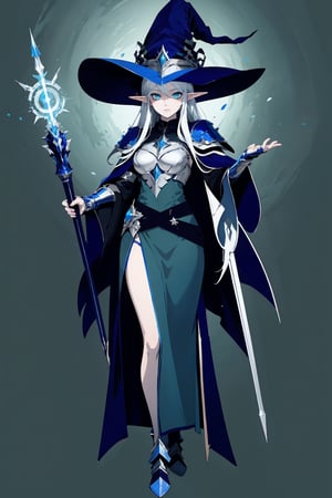 score_9, score_8_up, score_7_up, (CharacterSheet:1), elf female, dark blue mage robes with light armor, silver hair, green eyes, dynamic pose, full body, wielding a staff with water magic, wearing a witch/mage hat, reference sheet, (UHD), (digital art), (highly detailed), (simple solid background), CharacterDesignXL, cartoon, Eyes, Beautiful eyes

