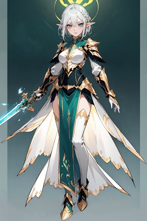 score_9, score_8_up, score_7_up, (CharacterSheet:1), elf female, silver hair, green eyes, wearing light golden paladin armor, dynamic pose, full body, wielding a radiant sword with light magic, reference sheet, (UHD), (digital art), (highly detailed), (simple solid background), CharacterDesignXL, cartoon, Eyes, Beautiful eyes
